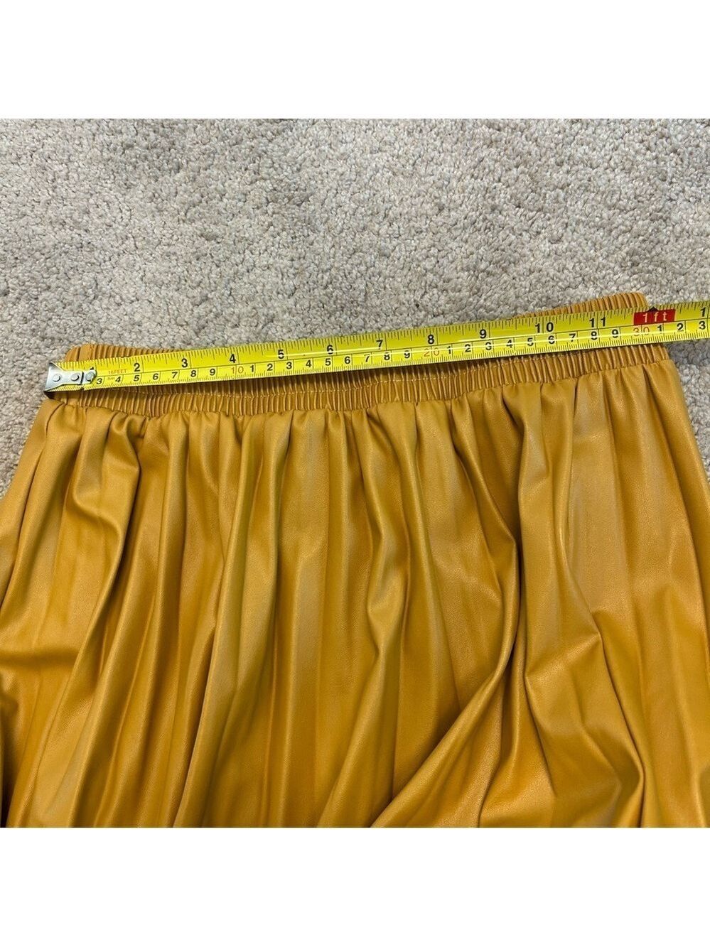 Kate Hewko mustard yellow faux leather A-line pleated midi skirt - Picture 7 of 9